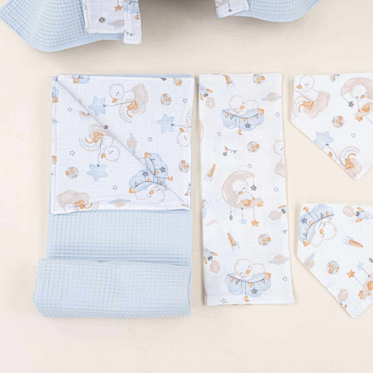 9 Parça Avantajlı Set - Çift Taraflı - Bebe Mavi Petek - Uykucu Ördek