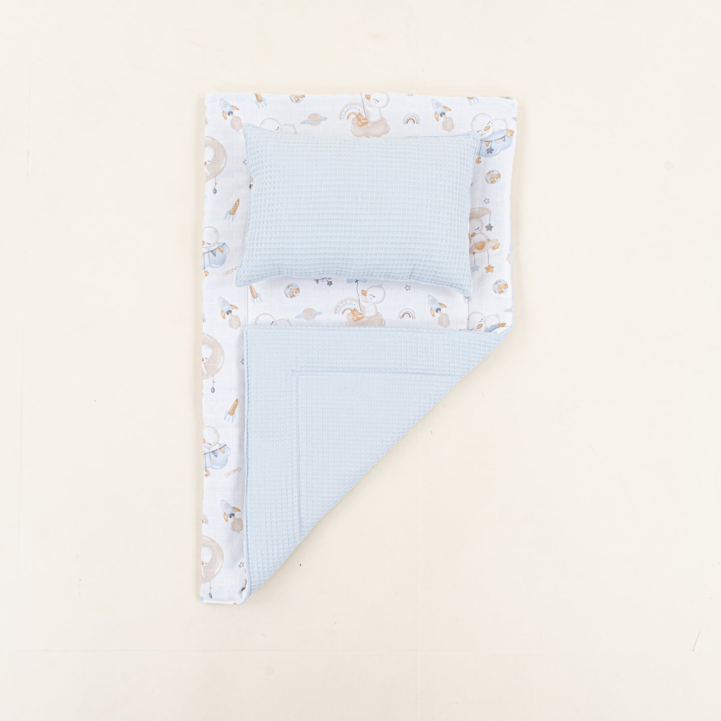 Alt Açma Matı ve Yastık - Çift Taraflı - Bebe Mavi Petek - Uykucu Ördek