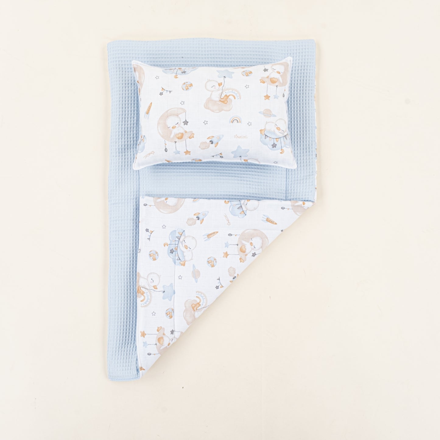 Alt Açma Matı ve Yastık - Çift Taraflı - Bebe Mavi Petek - Uykucu Ördek