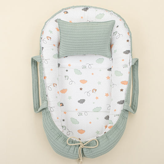 Babynest ve Yastık - Çift Taraflı - Mint Örgü - Kuş