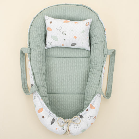 Babynest ve Yastık - Çift Taraflı - Mint Örgü - Kuş