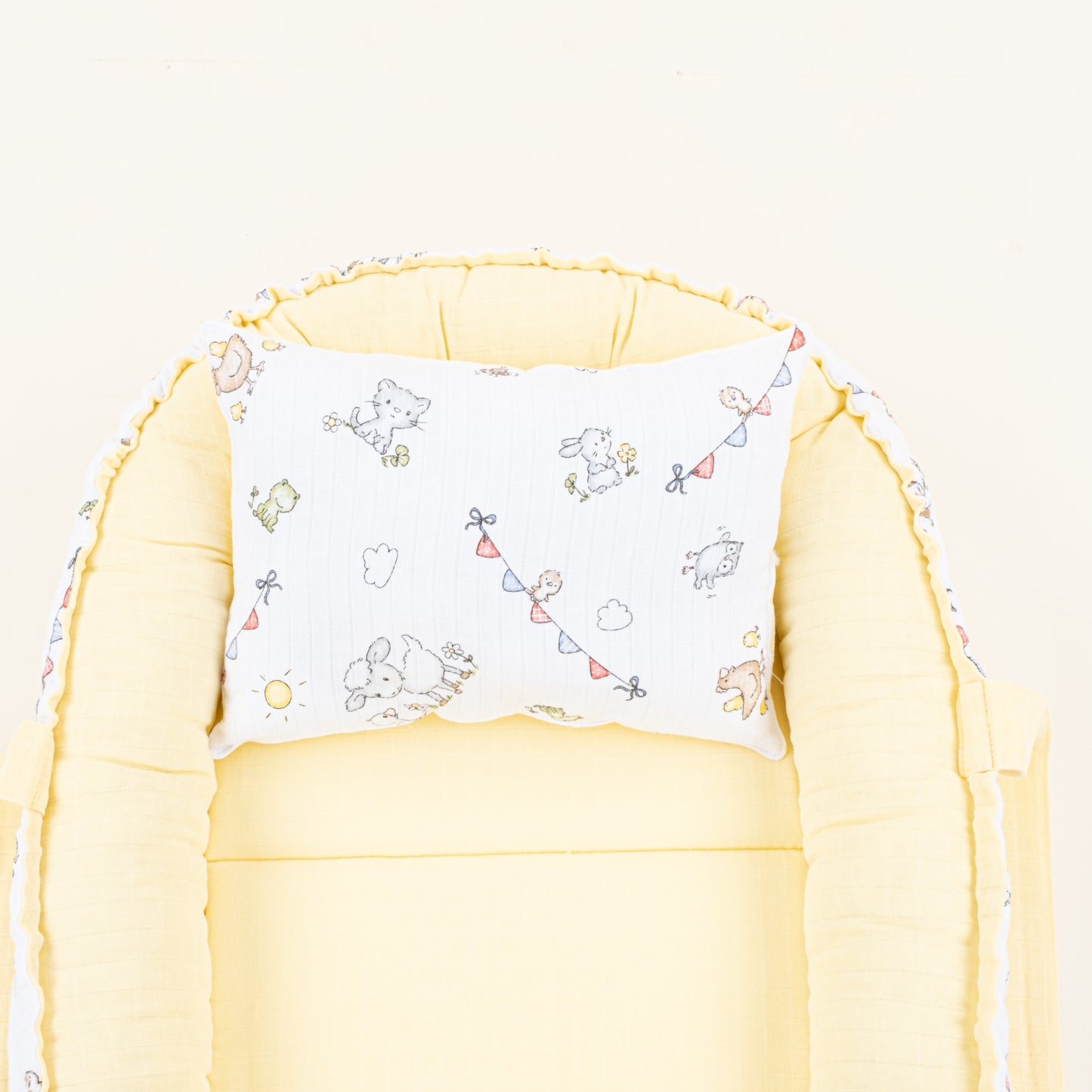 Babynest ve Yastık - Çift Taraflı - Sarı Muslin - Çiftlik hayvanları