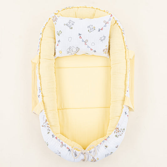 Babynest ve Yastık - Çift Taraflı - Sarı Muslin - Çiftlik hayvanları