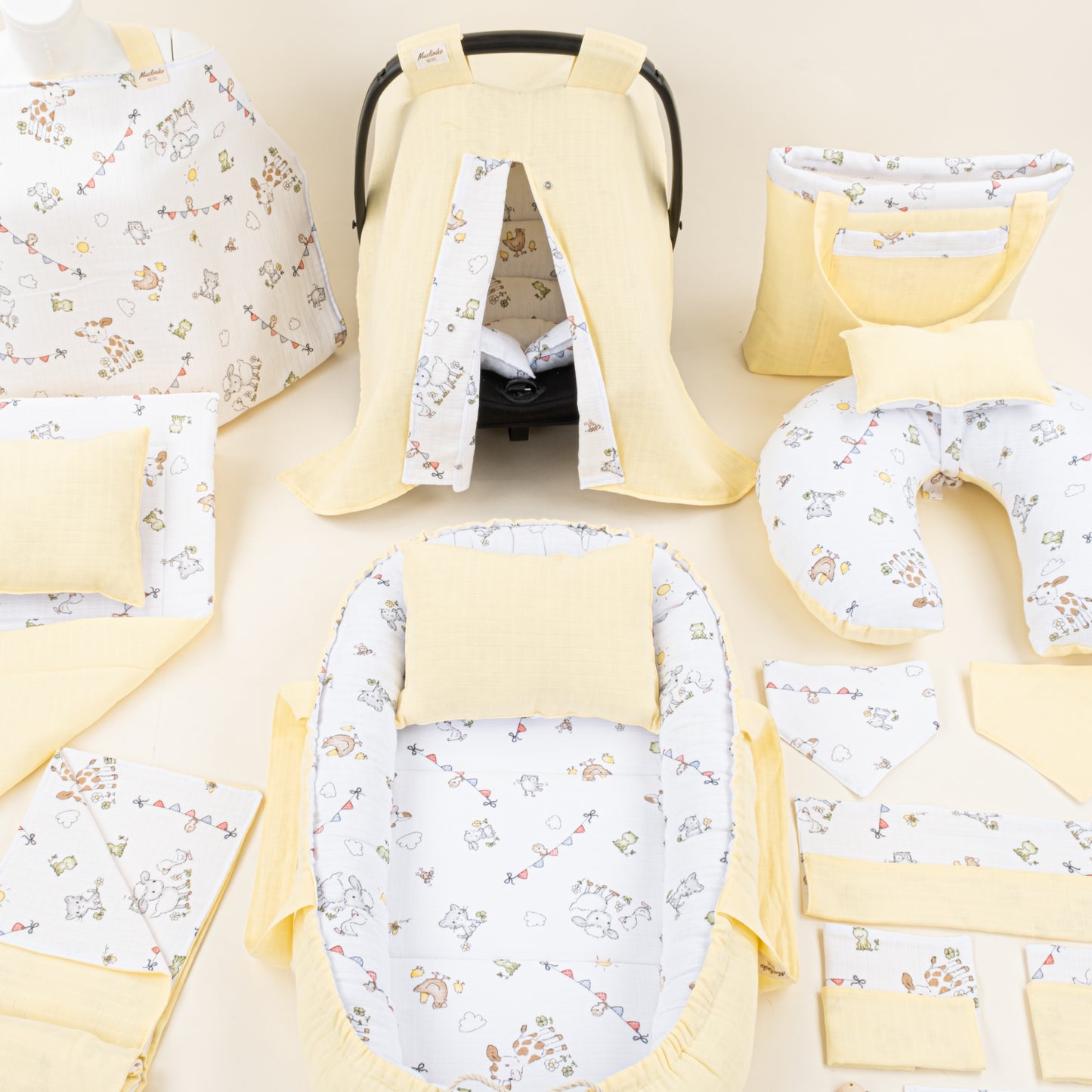 18 Parça Full Set - Çift Taraflı - Sarı Muslin - Çiftlik Hayvanları