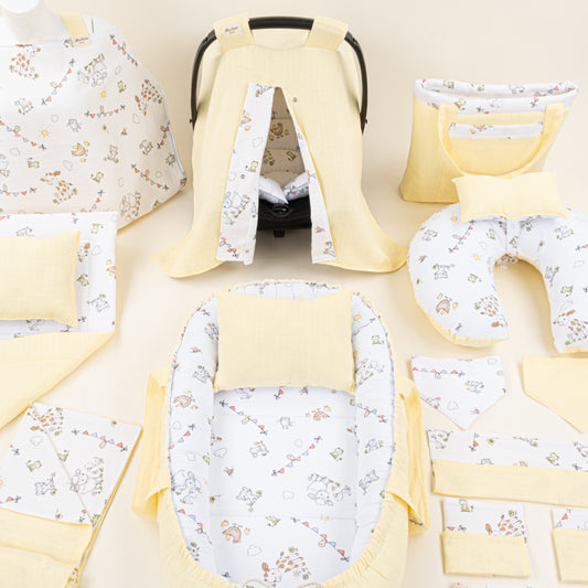 18 Parça Full Set - Çift Taraflı - Sarı Muslin - Çiftlik Hayvanları