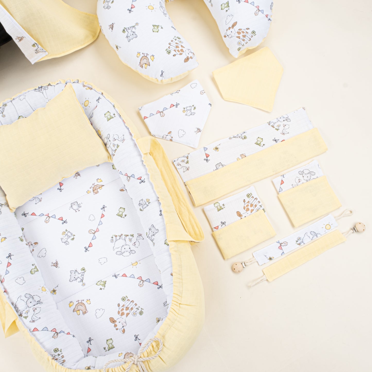 18 Parça Full Set - Çift Taraflı - Sarı Muslin - Çiftlik Hayvanları