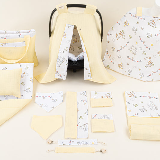 14 Parça Avantajlı Set - Çift Taraflı - Sarı Muslin - Çiftlik Hayvanları