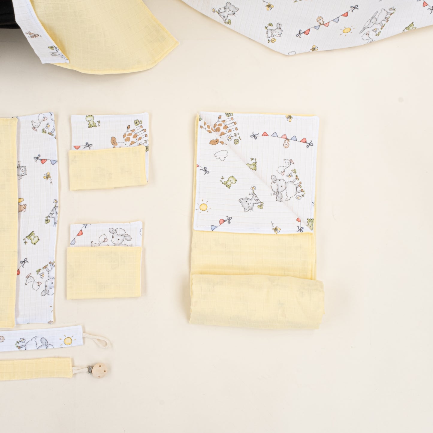14 Parça Avantajlı Set - Çift Taraflı - Sarı Muslin - Çiftlik Hayvanları