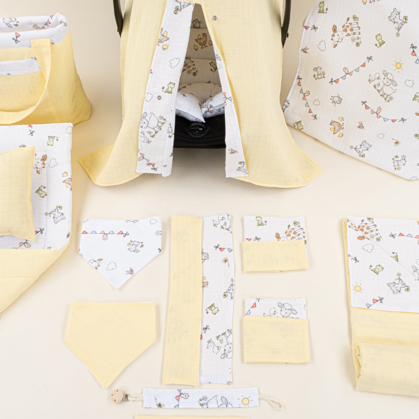 14 Parça Avantajlı Set - Çift Taraflı - Sarı Muslin - Çiftlik Hayvanları