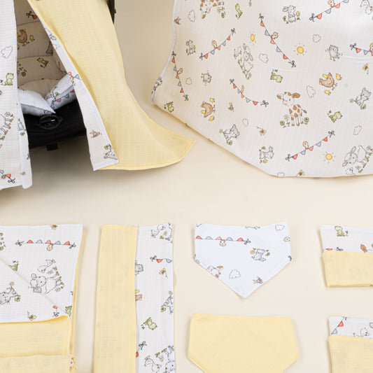 9 Parça Avantajlı Set - Çift Taraflı - Sarı Muslin - Çiftlik Hayvanları