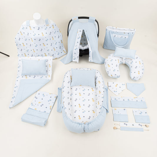 18 Parça Full Set - Çift Taraflı - Bebe Mavi Muslin - Dino