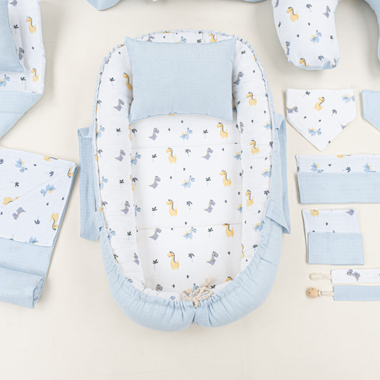 18 Parça Full Set - Çift Taraflı - Bebe Mavi Muslin - Dino