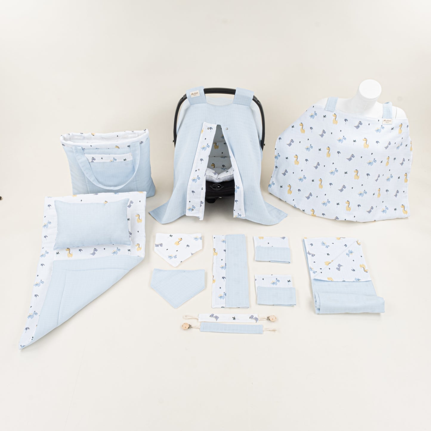 14 Parça Avantajlı Set - Çift Taraflı - Bebe Mavisi Muslin - Dino