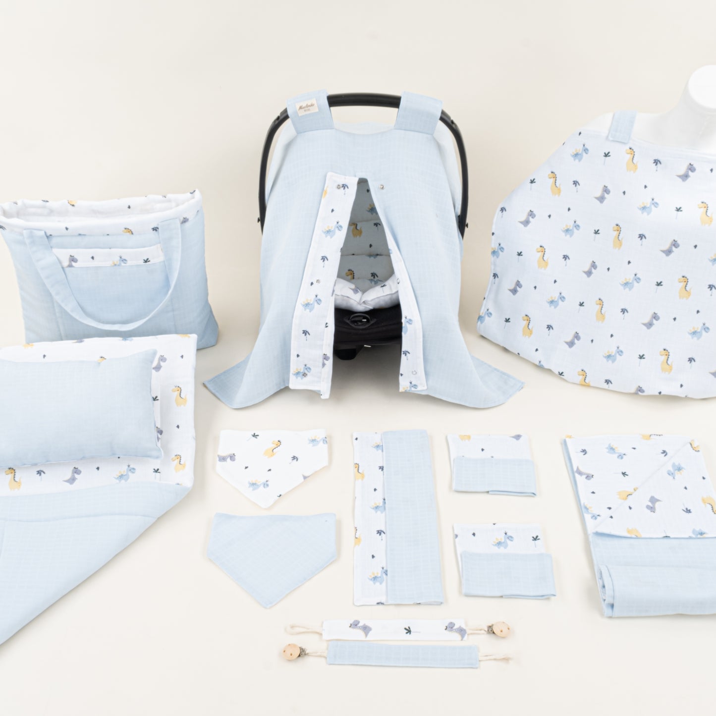 14 Parça Avantajlı Set - Çift Taraflı - Bebe Mavisi Muslin - Dino
