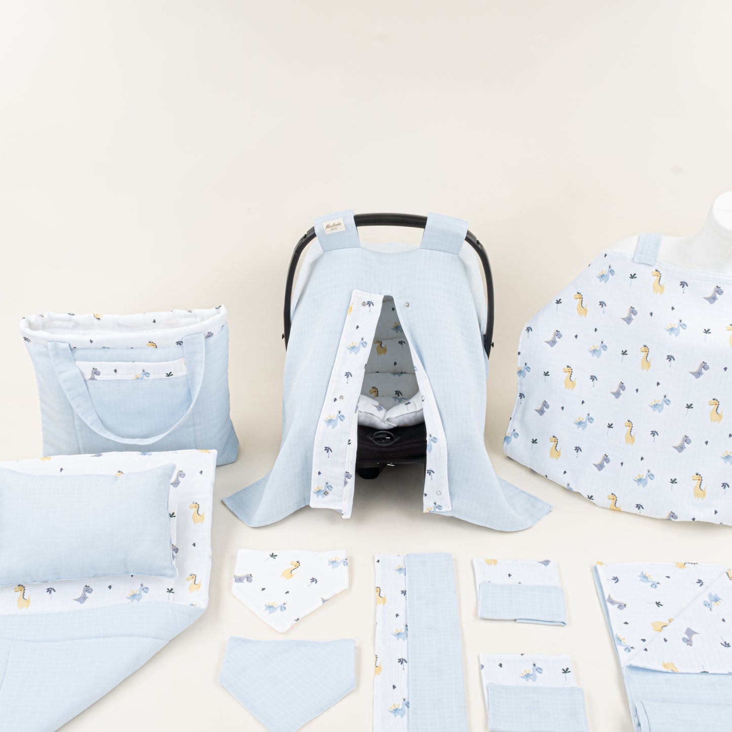 14 Parça Avantajlı Set - Çift Taraflı - Bebe Mavisi Muslin - Dino