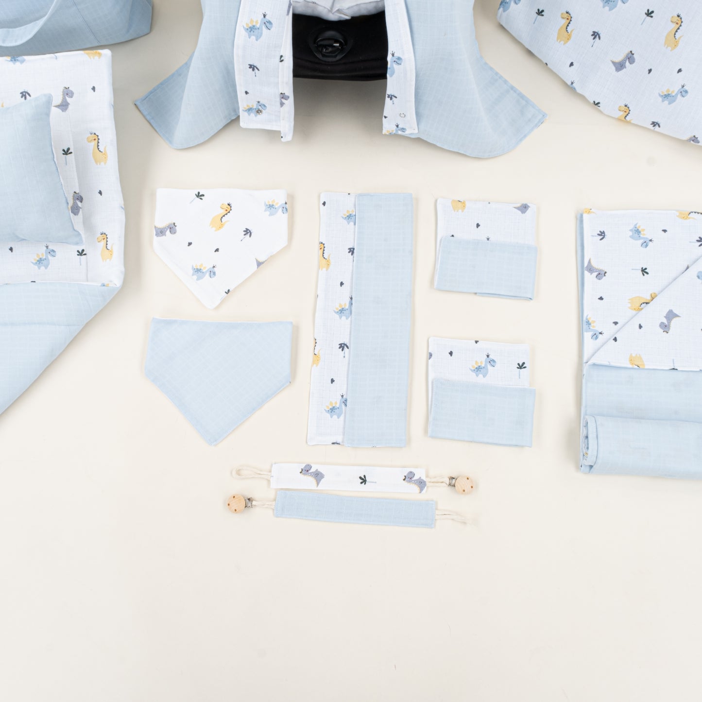 14 Parça Avantajlı Set - Çift Taraflı - Bebe Mavisi Muslin - Dino