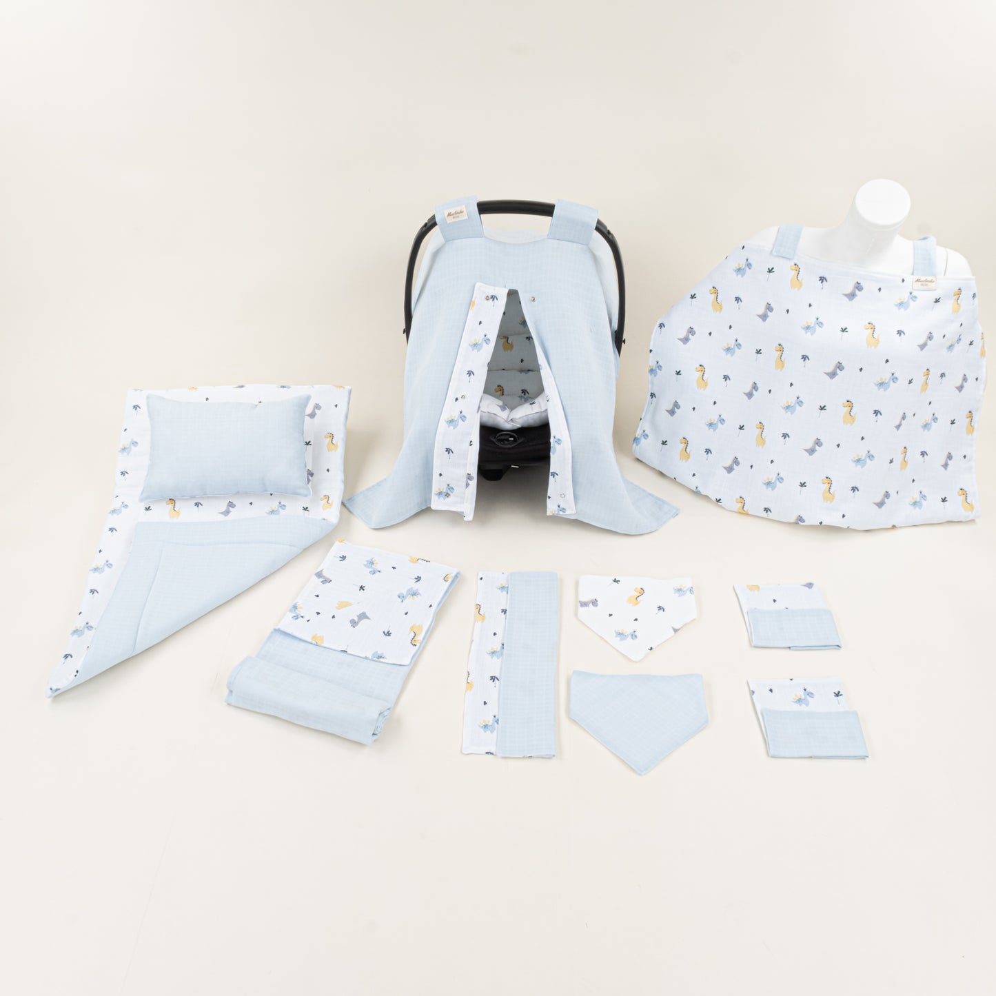 11 Parça Avantajlı Set - Çift Taraflı - Bebe Mavisi Muslin - Dino