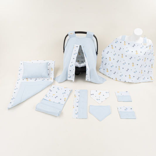 11 Parça Avantajlı Set - Çift Taraflı - Bebe Mavisi Muslin - Dino