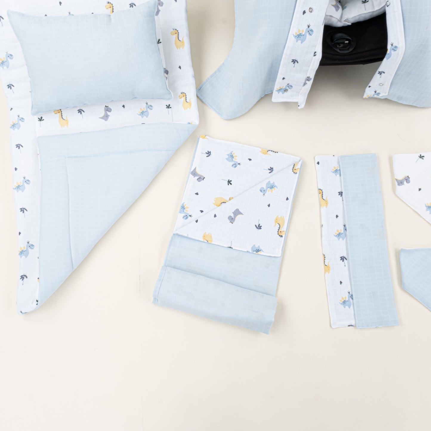 11 Parça Avantajlı Set - Çift Taraflı - Bebe Mavisi Muslin - Dino