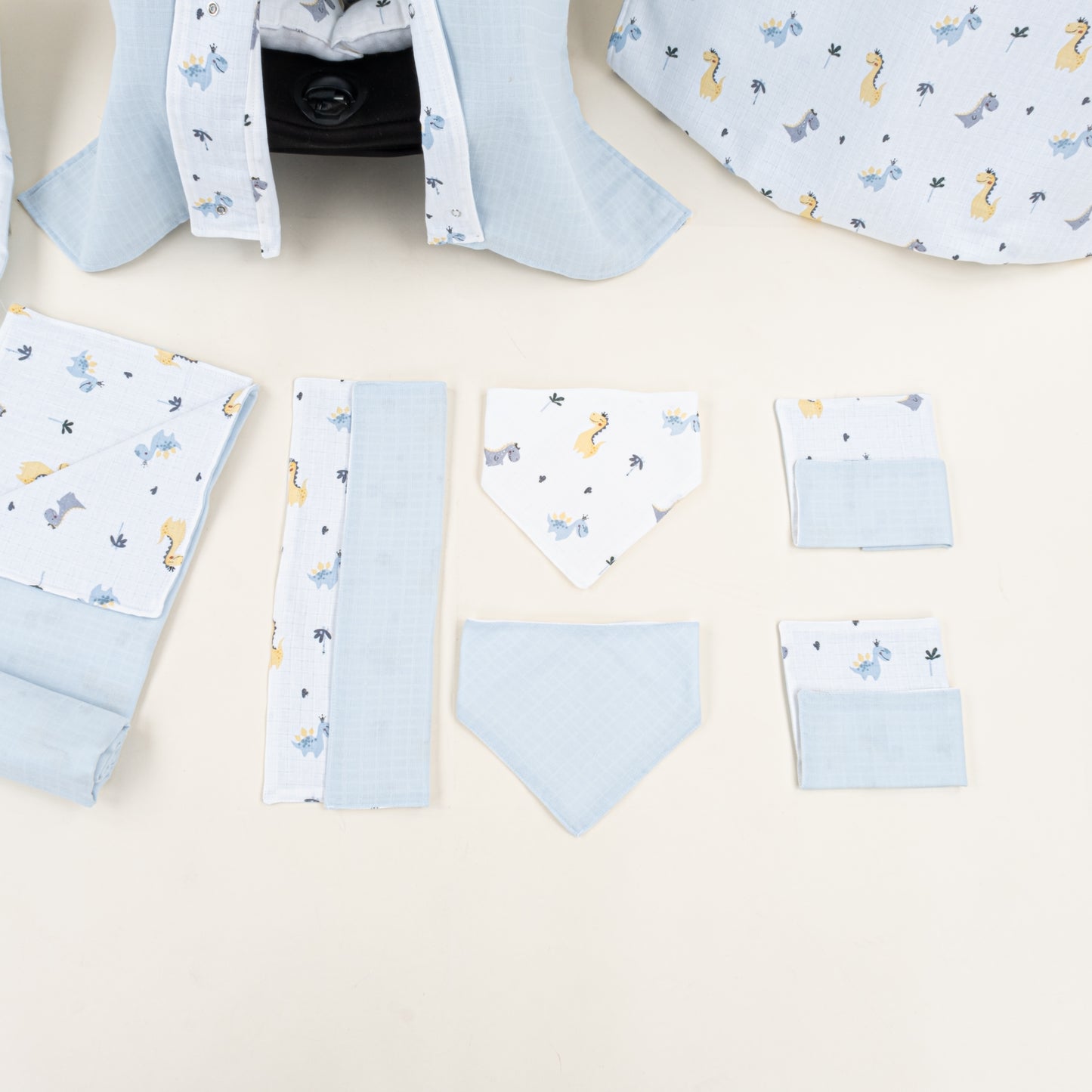 11 Parça Avantajlı Set - Çift Taraflı - Bebe Mavisi Muslin - Dino