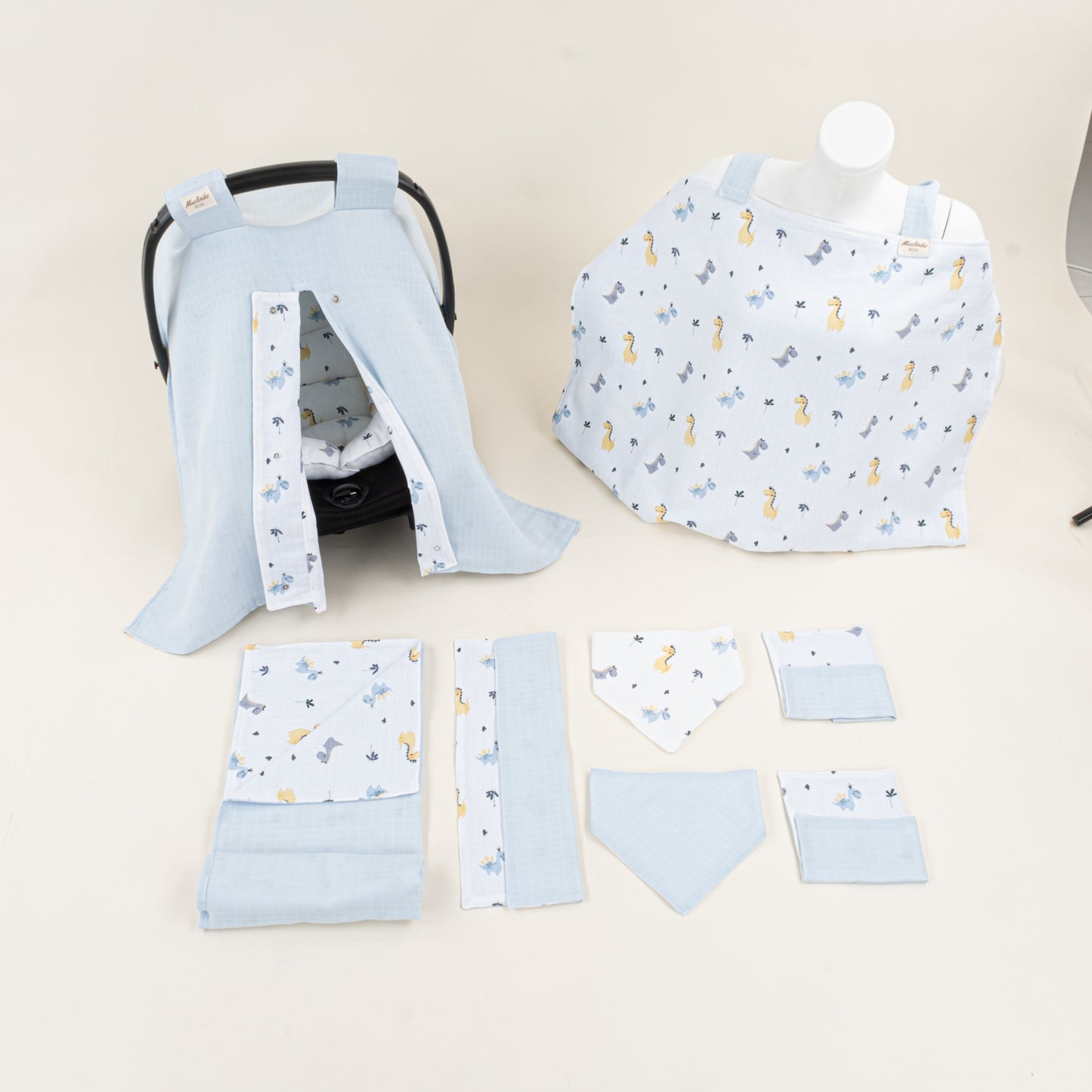 9 Parça Avantajlı Set - Çift Taraflı - Bebe Mavi Muslin - Dino