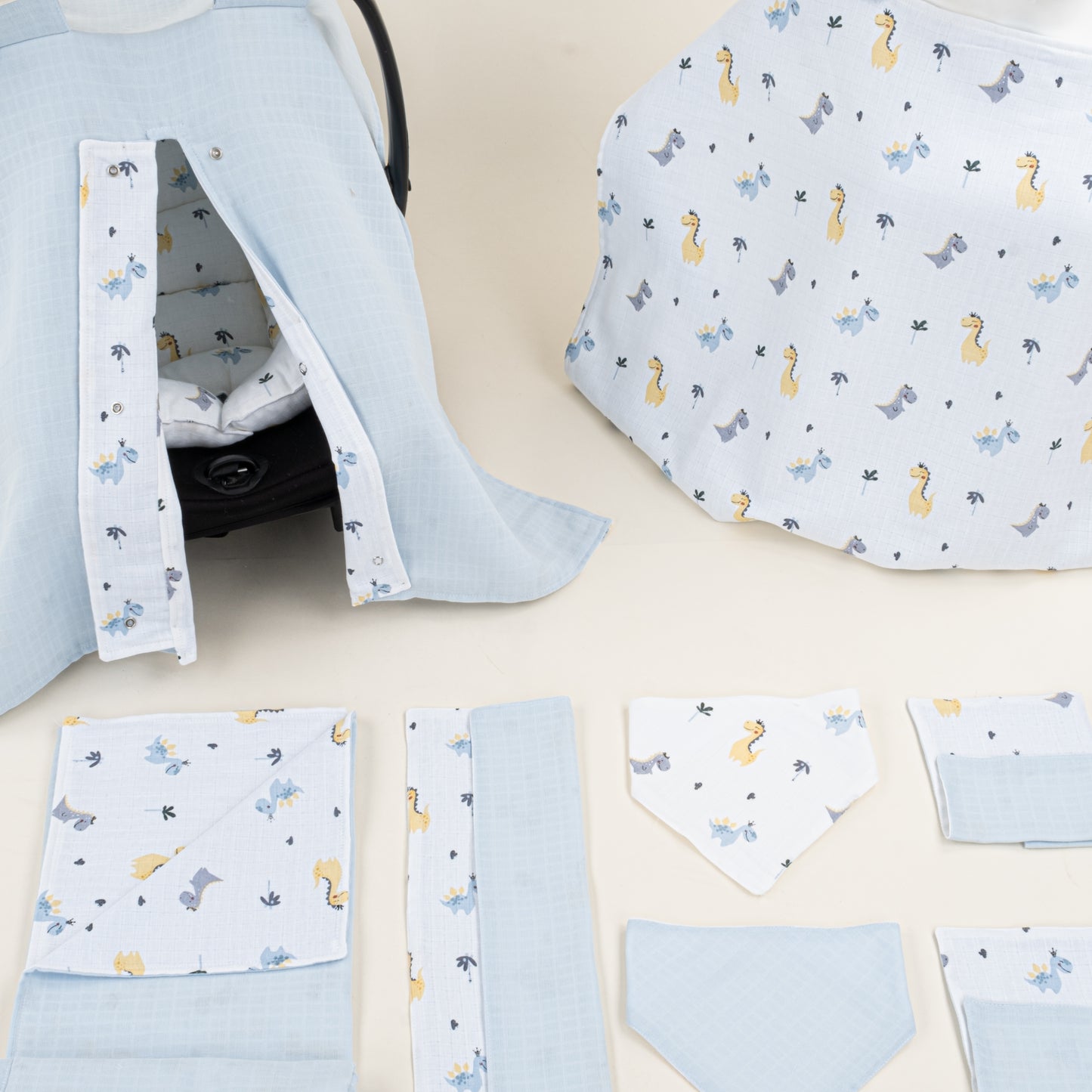 9 Parça Avantajlı Set - Çift Taraflı - Bebe Mavi Muslin - Dino