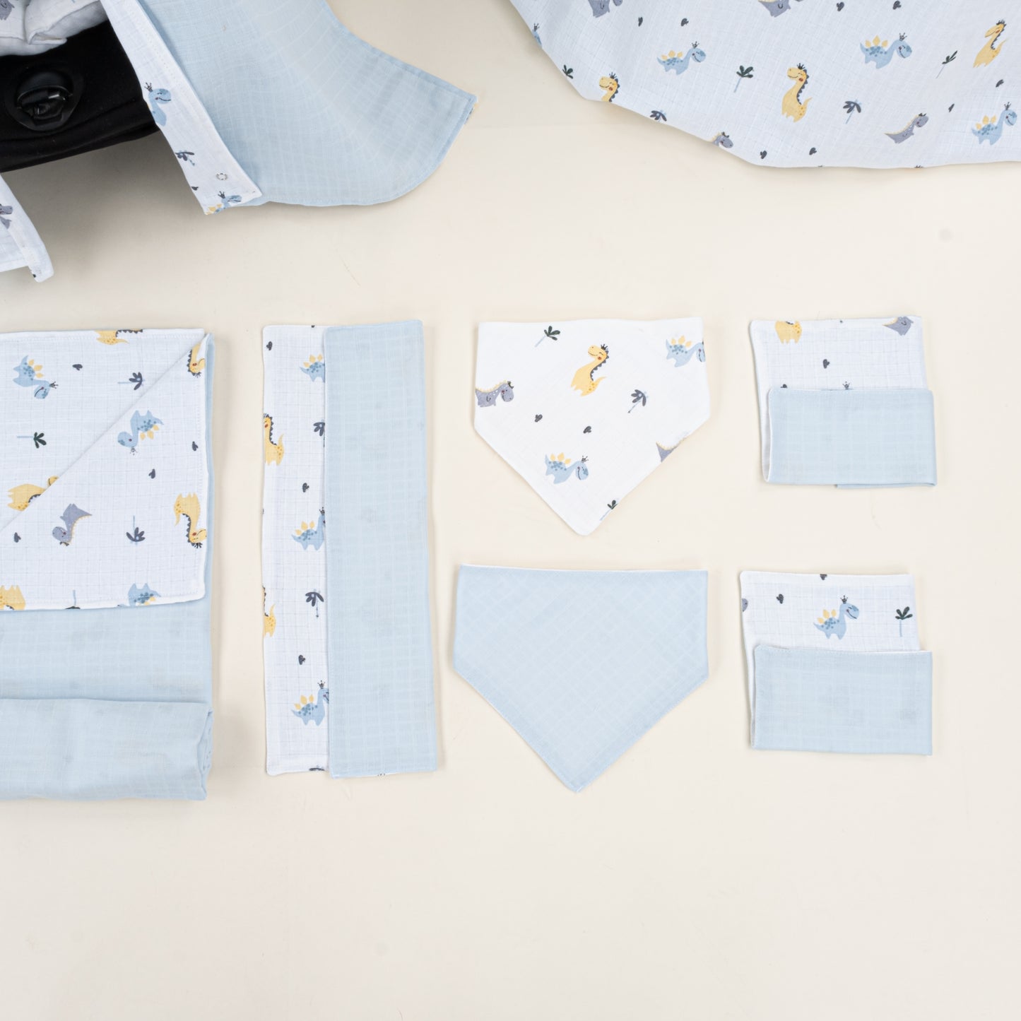 9 Parça Avantajlı Set - Çift Taraflı - Bebe Mavi Muslin - Dino