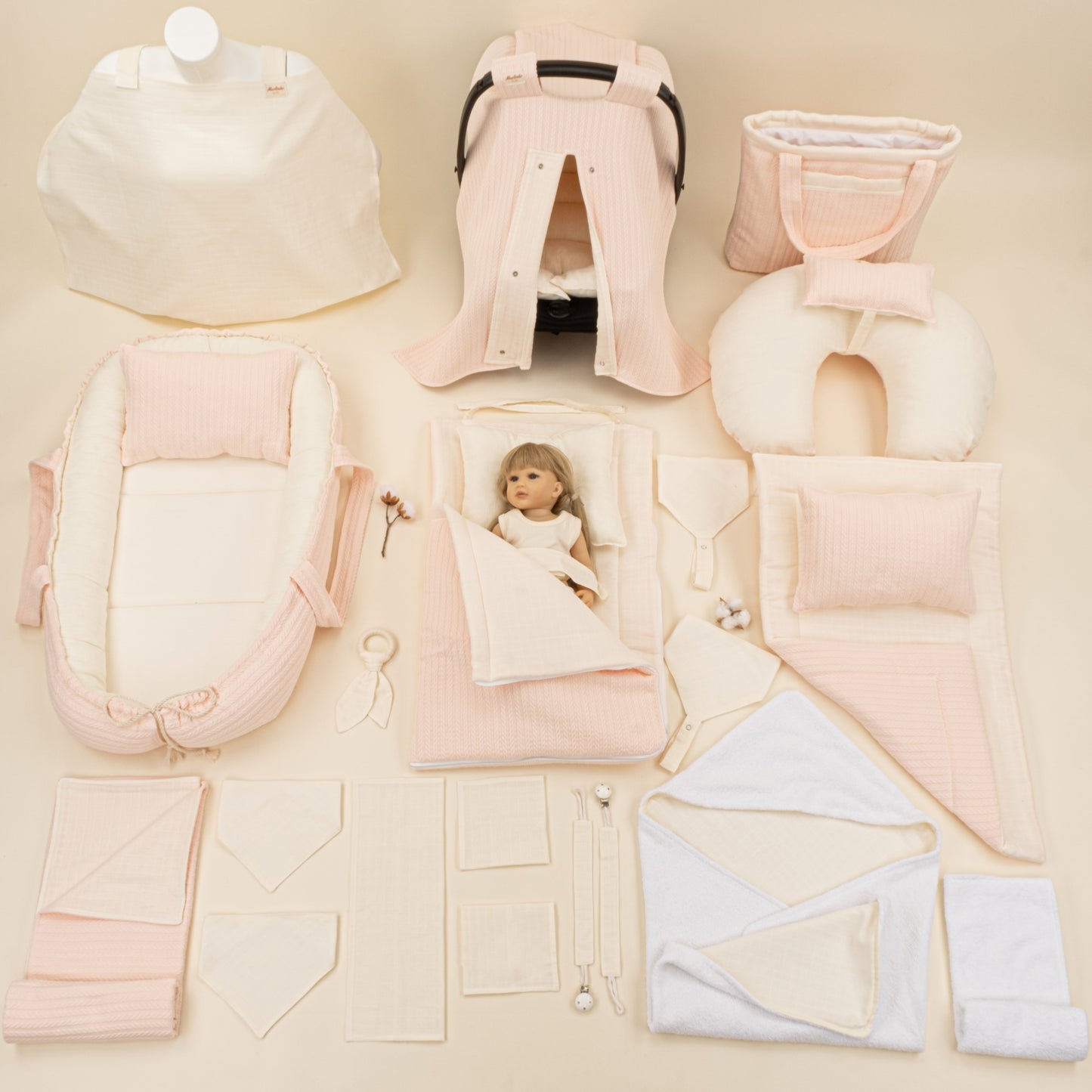 25 Parça Full Set - Çift Taraflı - Somon Örgü - Krem Muslin