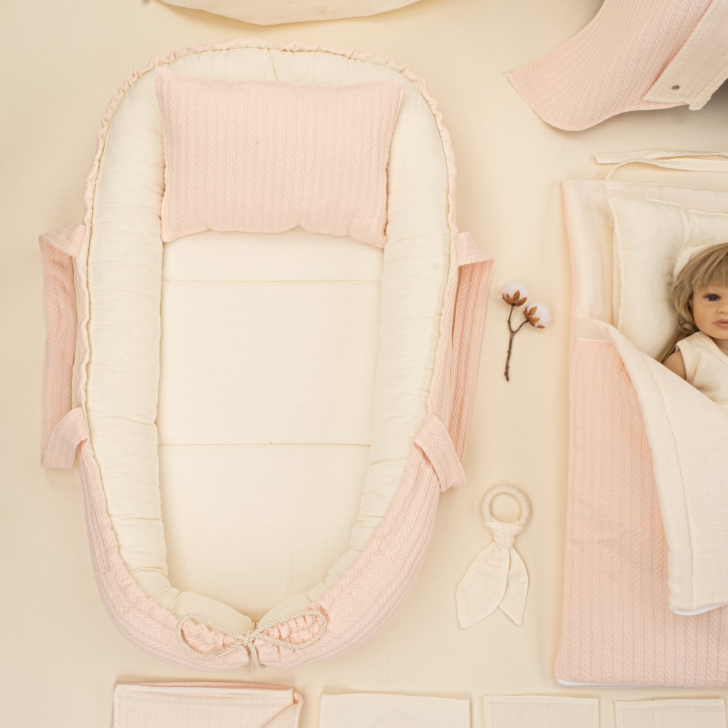 25 Parça Full Set - Çift Taraflı - Somon Örgü - Krem Muslin