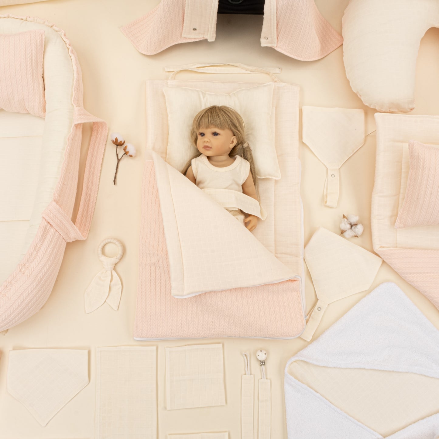 25 Parça Full Set - Çift Taraflı - Somon Örgü - Krem Muslin