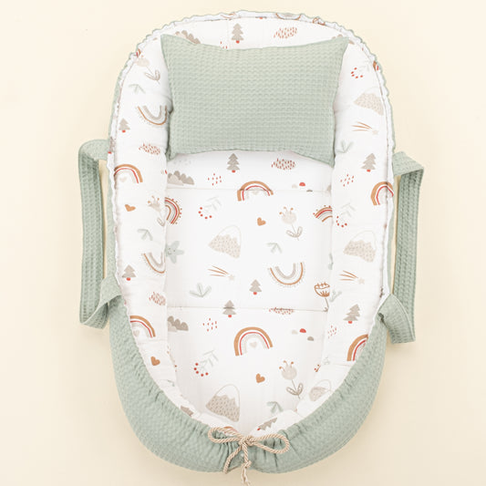 Babynest ve Yastık - Çift Taraflı - Yeşil Petek - Kahverengi Gökkuşağı