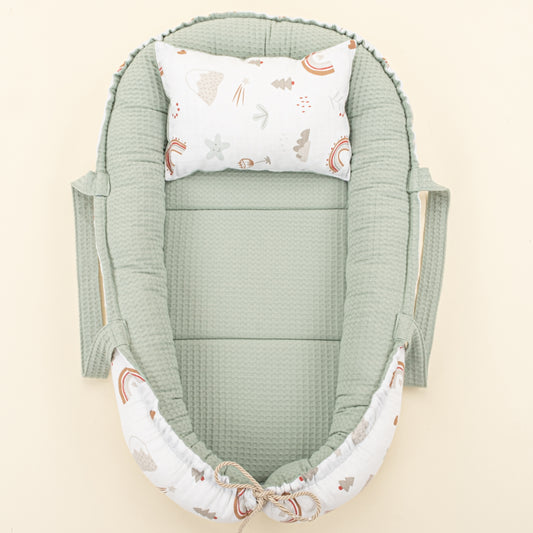Babynest ve Yastık - Çift Taraflı - Yeşil Petek - Kahverengi Gökkuşağı