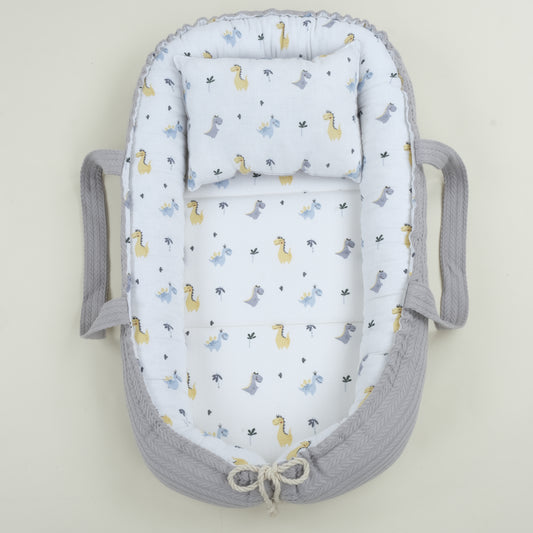 Babynest ve Yastık - Çift Taraflı - Gri Örgü - Dino