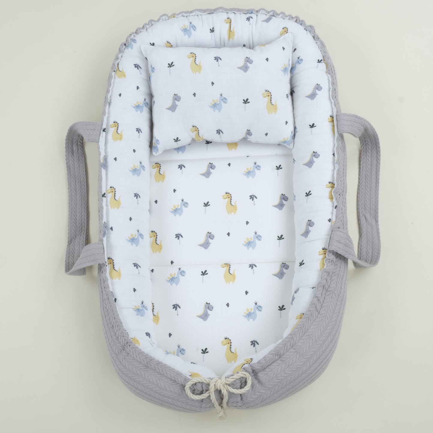 Babynest ve Yastık - Çift Taraflı - Gri Örgü - Dino