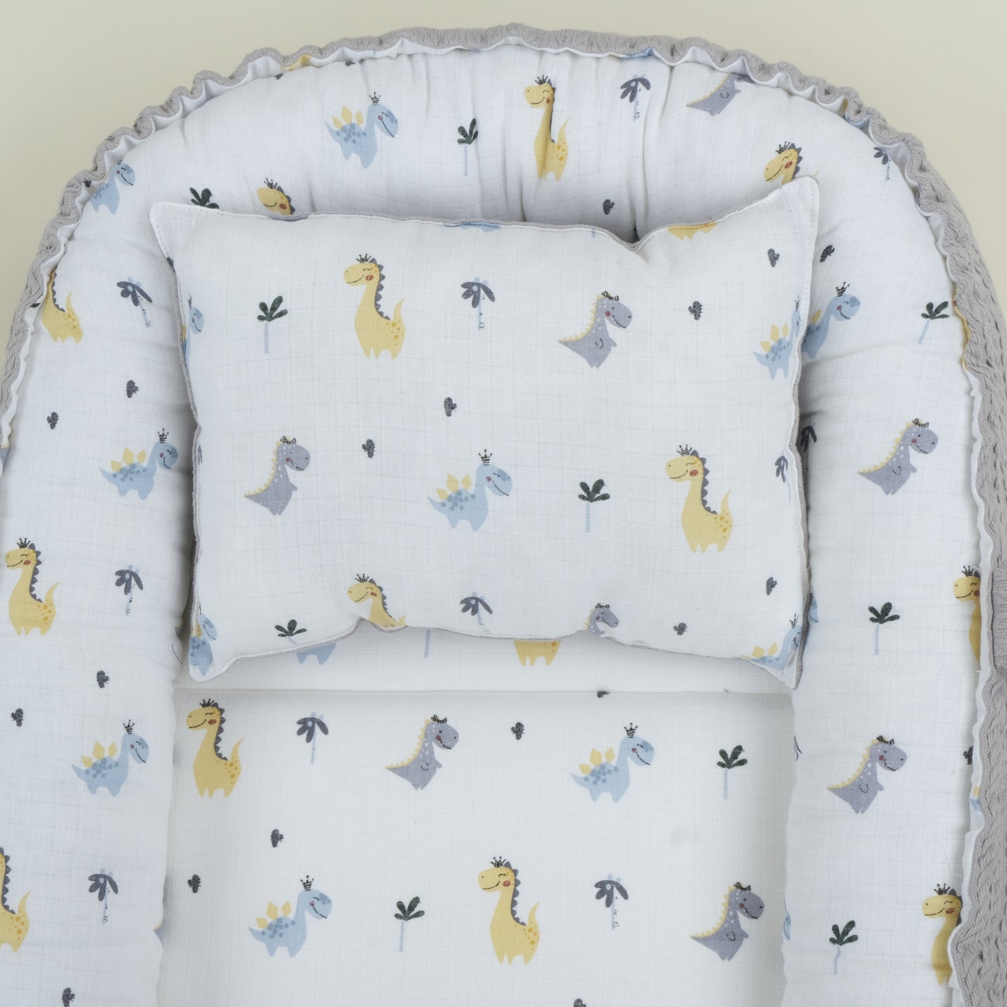 Babynest ve Yastık - Çift Taraflı - Gri Örgü - Dino