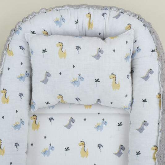 Babynest ve Yastık - Çift Taraflı - Gri Örgü - Dino