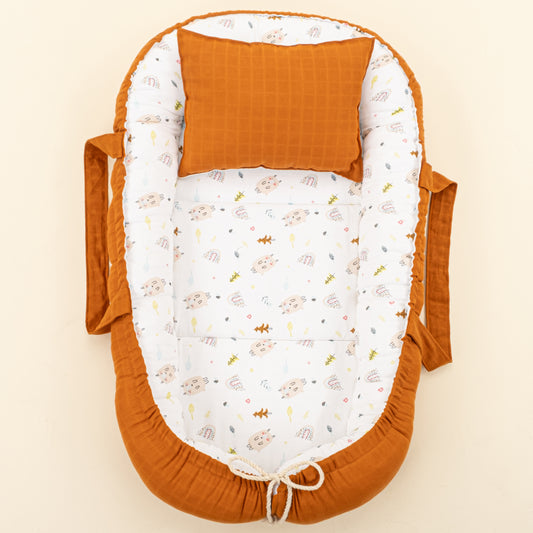 Babynest ve Yastık- Çift Taraflı - Kiremit Muslin - Minik Koyunlar