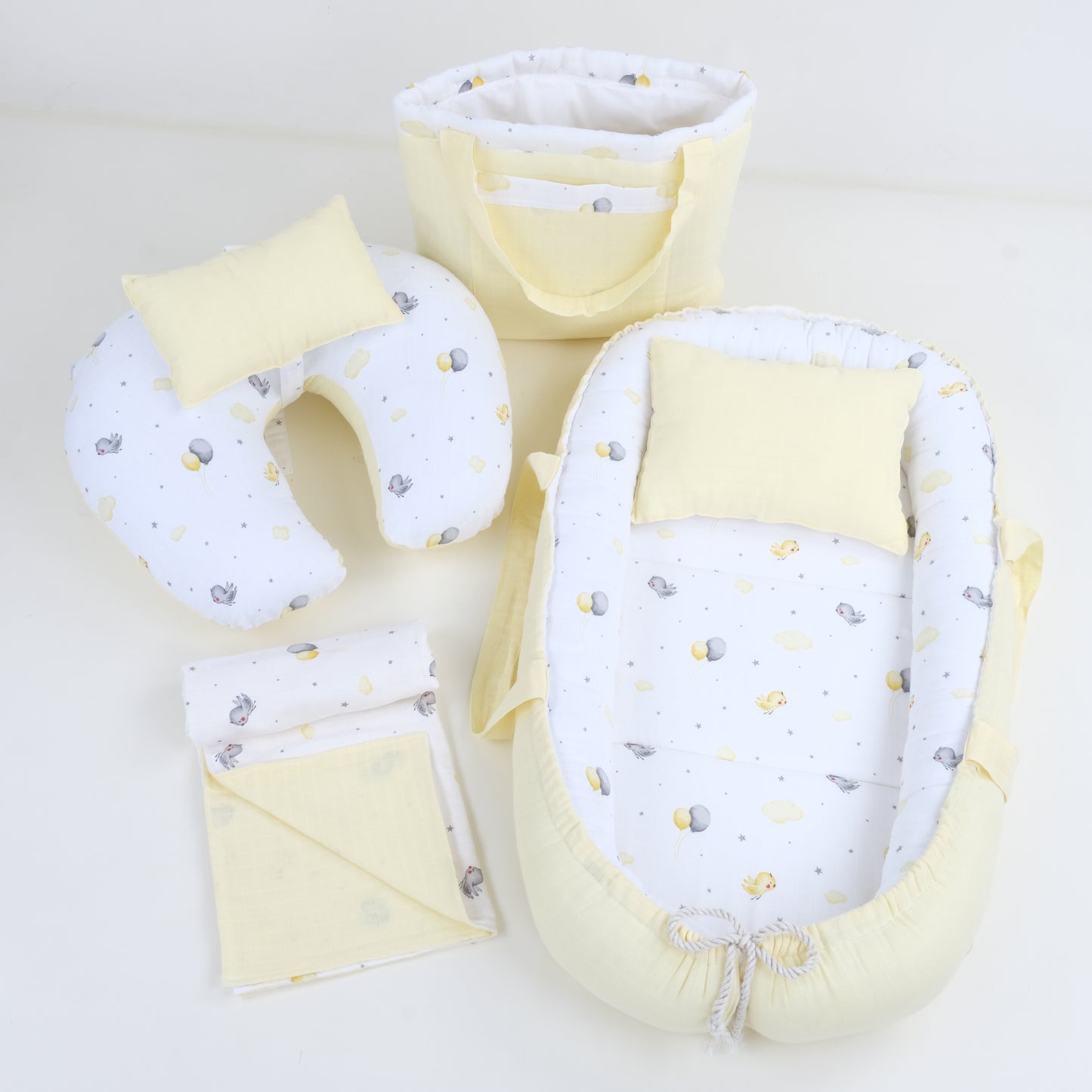 İndirimli Ürün -  6 Parça Set - Çift Taraflı - Sarı Muslin - Sarı Kuş