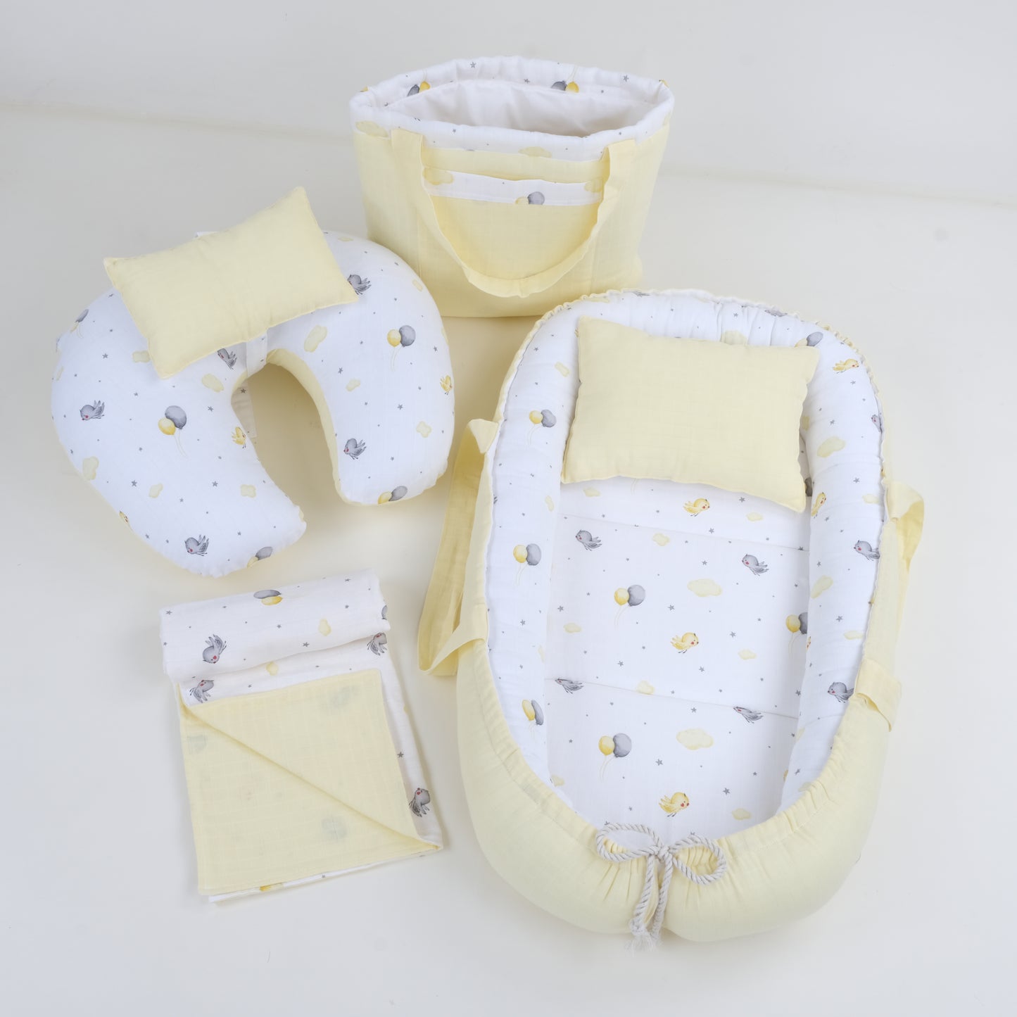 İndirimli Ürün -  6 Parça Set - Çift Taraflı - Sarı Muslin - Sarı Kuş