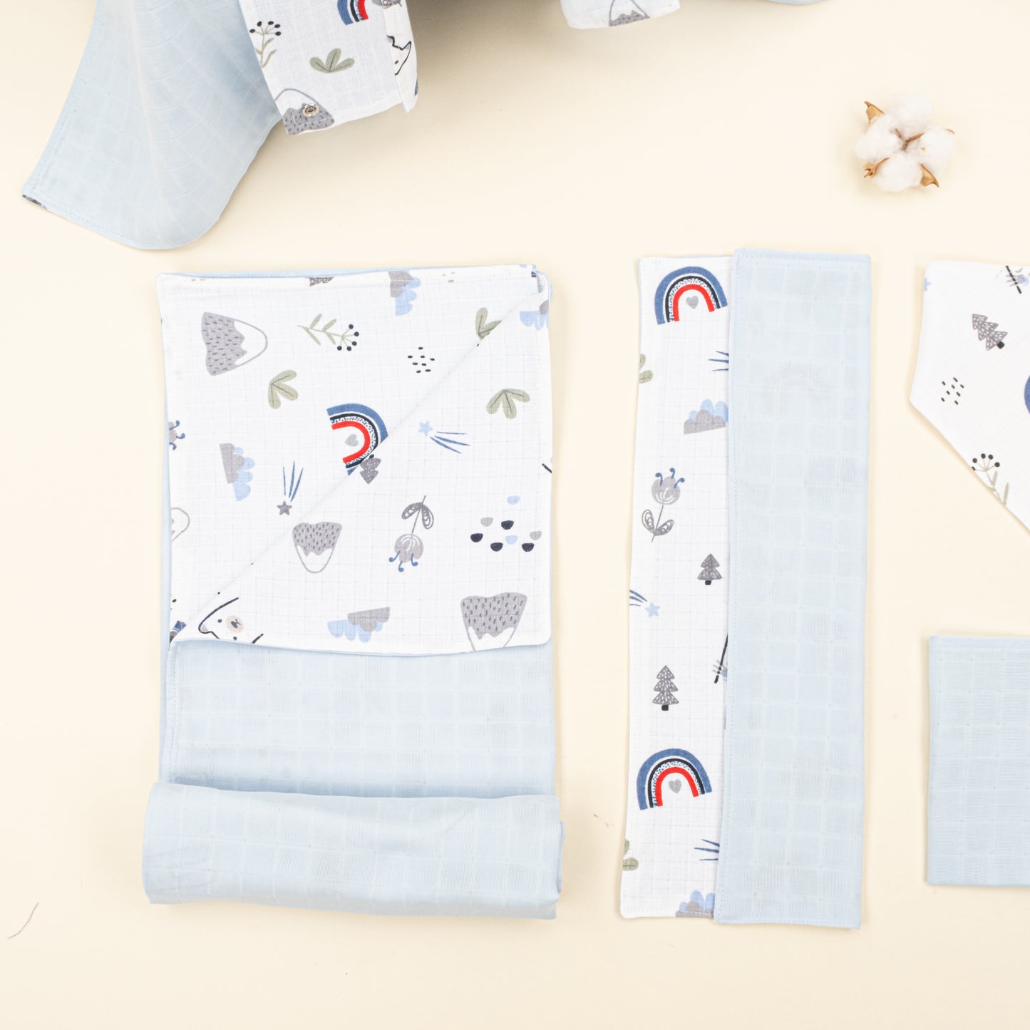 9 Parça Avantajlı Set - Çift Taraflı - Mavi Muslin - Mavi Kedi