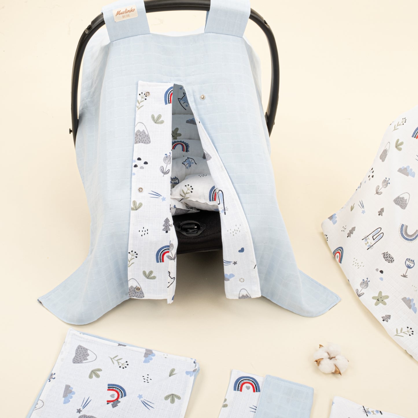 9 Parça Avantajlı Set - Çift Taraflı - Mavi Muslin - Mavi Kedi
