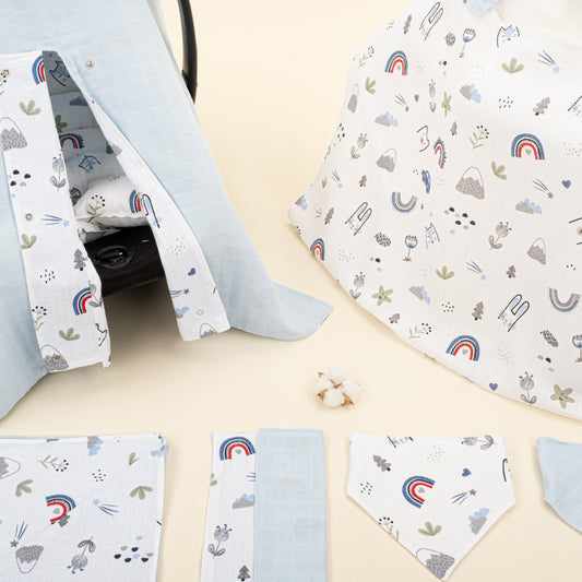 9 Parça Avantajlı Set - Çift Taraflı - Mavi Muslin - Mavi Kedi