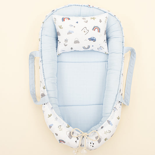 Babynest ve Yastık - Çift Taraflı - Mavi Muslin - Mavi Kedi