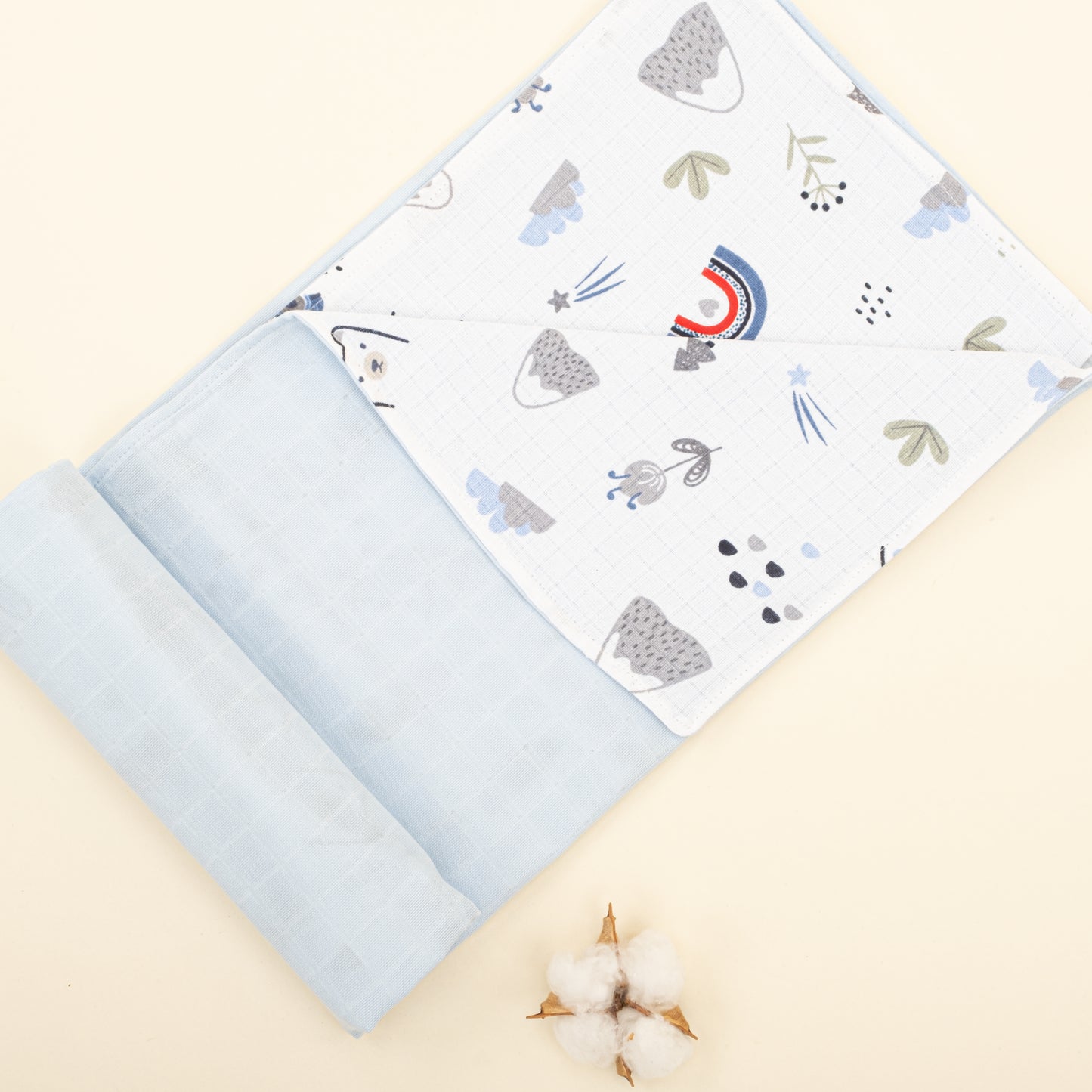 Çift Taraflı Muslin Örtü - Mavi Muslin - Mavi Kedi