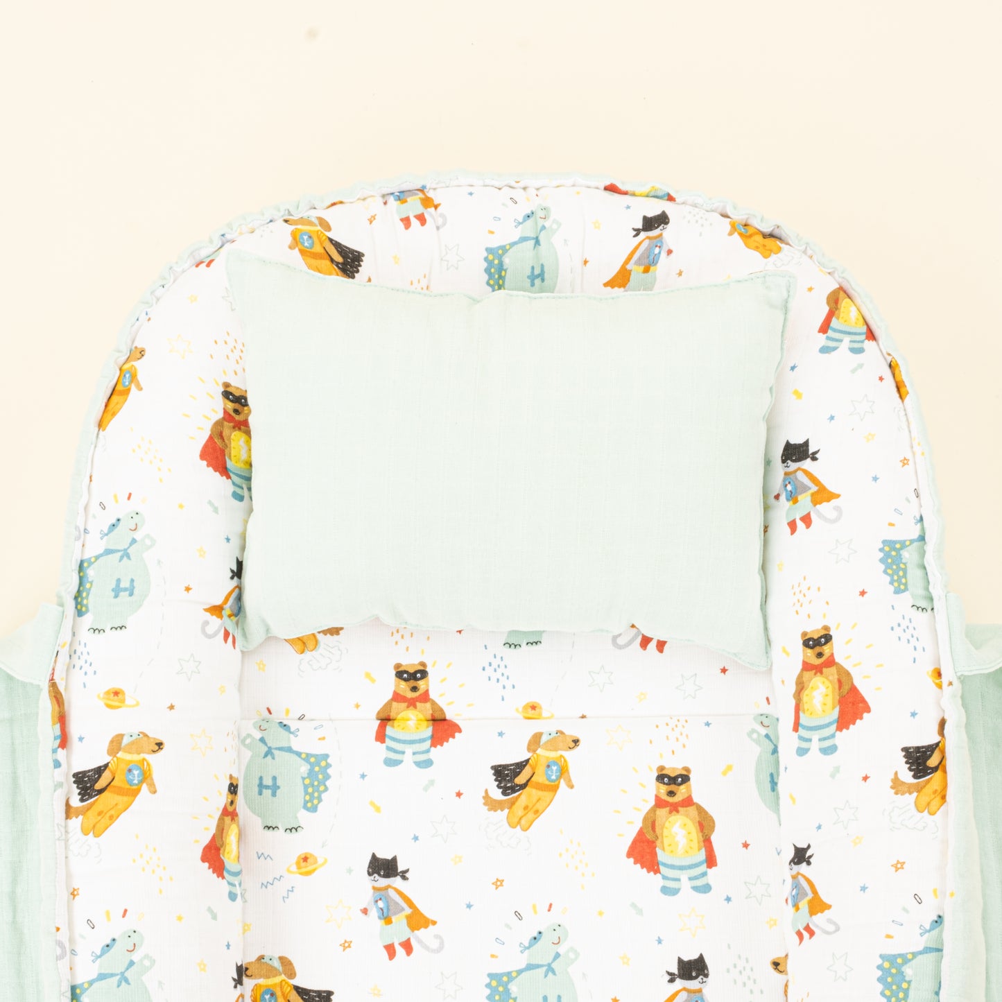 Babynest ve Yastık - Çift Taraflı - Su Yeşili Muslin - Süper Kahramanlar