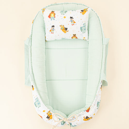 Babynest ve Yastık - Çift Taraflı - Su Yeşili Muslin - Süper Kahramanlar