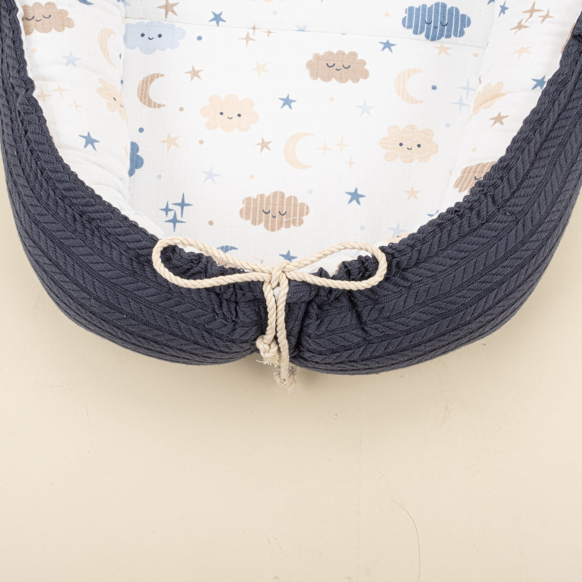 Babynest ve Yastık - Çift Taraflı - Lacivert Örgü - Mavi Bulut