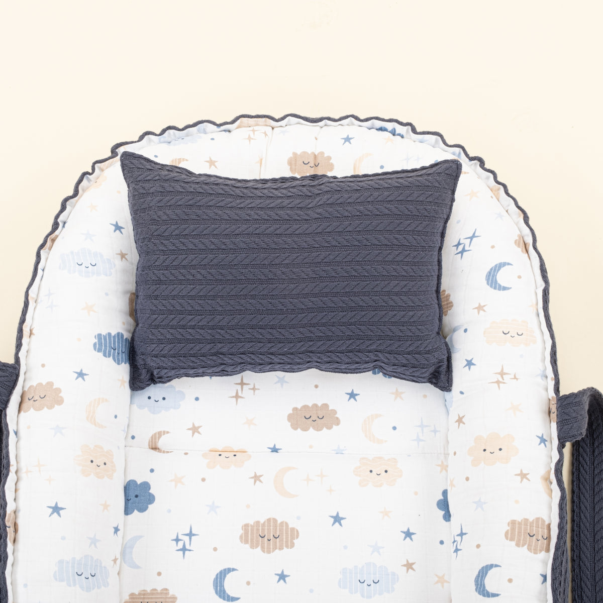 Babynest ve Yastık - Çift Taraflı - Lacivert Örgü - Mavi Bulut