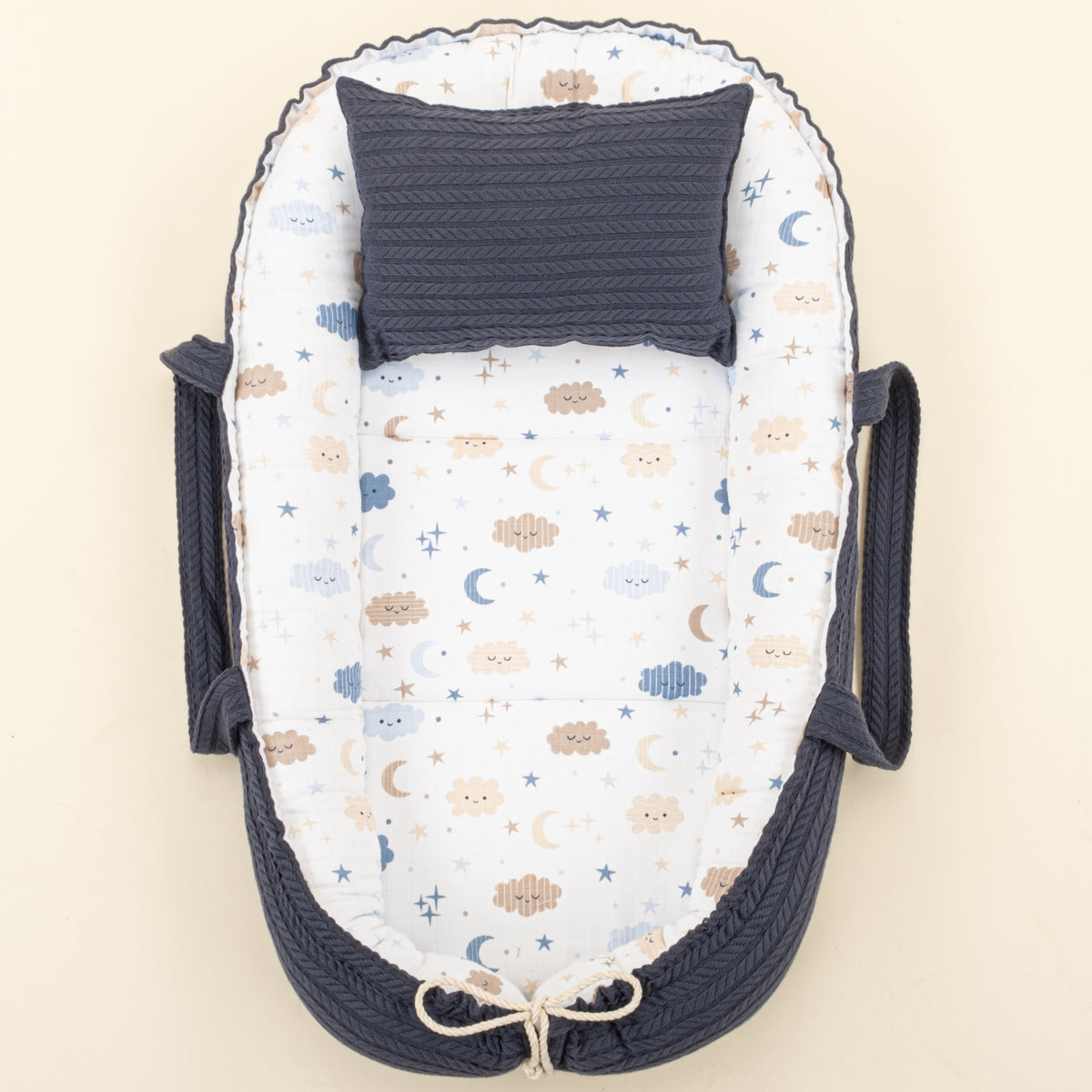 Babynest ve Yastık - Çift Taraflı - Lacivert Örgü - Mavi Bulut