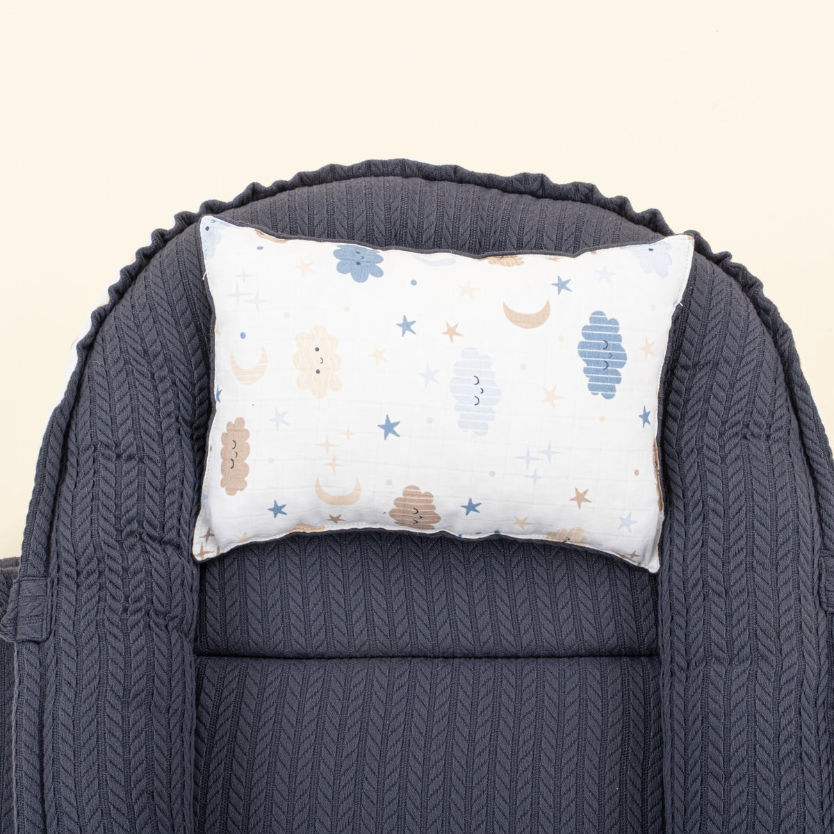 Babynest ve Yastık - Çift Taraflı - Lacivert Örgü - Mavi Bulut